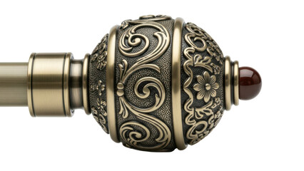 Close up detail of a curtain rod finial with decorative design isolated on white background
