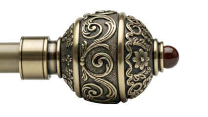 Close up detail of a curtain rod finial with decorative design isolated on white background