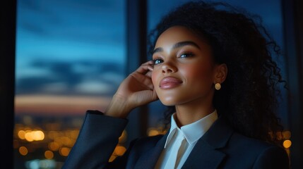 A woman with long hair and a gold earring is standing in front of a window