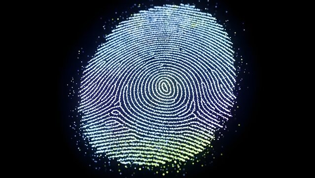Digital fingerprint glowing with vibrant pixels on a dark background, representing biometric security, data protection, and personal identification technology - Powered by Adobe