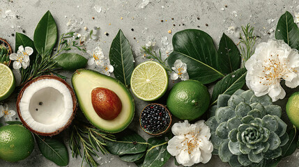 Array of fresh fruits, flowers, and greenery arranged on a gray surface.