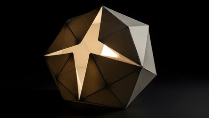 Illuminated geometric paper polyhedron sculpture with glowing star pattern on black background