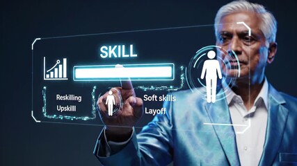 Senior businessman interacting with futuristic digital interface for skill assessment and career development, 4k high quality video - Powered by Adobe