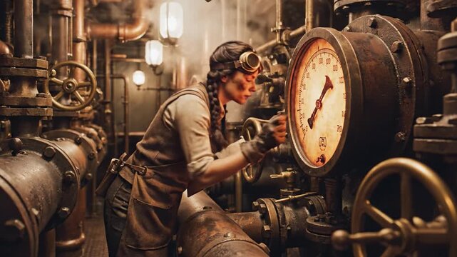 Female mechanic in leather apron checks pipes and gauges in a steam-filled engine room. Atmospheric industrial scene perfect for steampunk concepts or historical engineering visuals.
