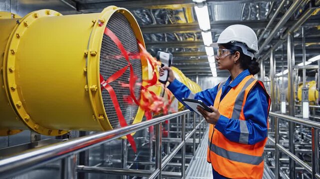 Female engineer in safety gear inspects a large yellow industrial fan using a handheld device. She monitors airflow in a modern factory, ideal for industrial technology concepts.