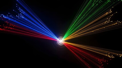 Abstract colorful light beams radiating from center representing fiber optic technology and high speed data transmission