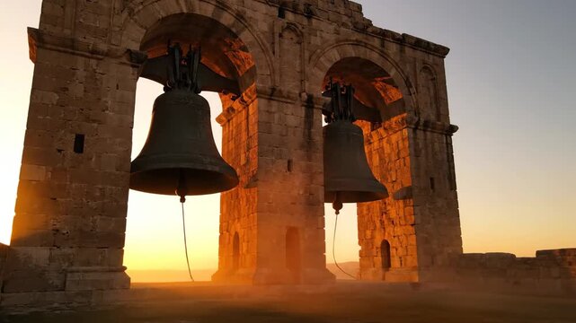 Ancient stone bell tower arches at sunset with dramatic lighting and large bronze bells