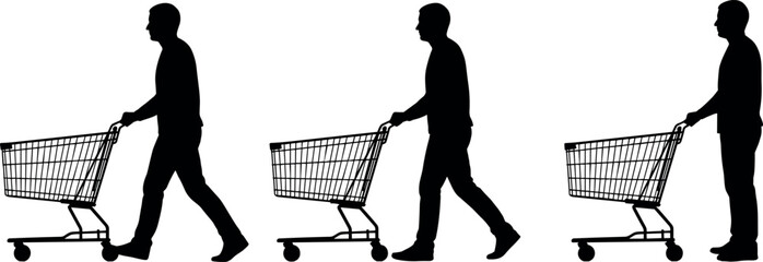 Shopping cart pushing man silhouettes sequence consumer retail supermarket purchase concept black vector illustration isolated white background © Shafali