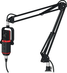 Studio microphone with adjustable boom arm illustration showing professional audio recording equipment for podcast streaming broadcasting and content creation © Shafali