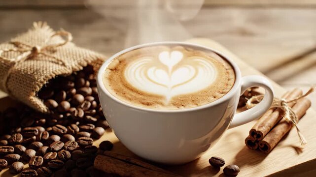 White cup of latte art coffee with spilled coffee beans and cinnamon sticks on wooden surface, 4k high quality video