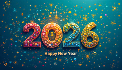 Vibrant 2026 happy new year text with confetti on dark background