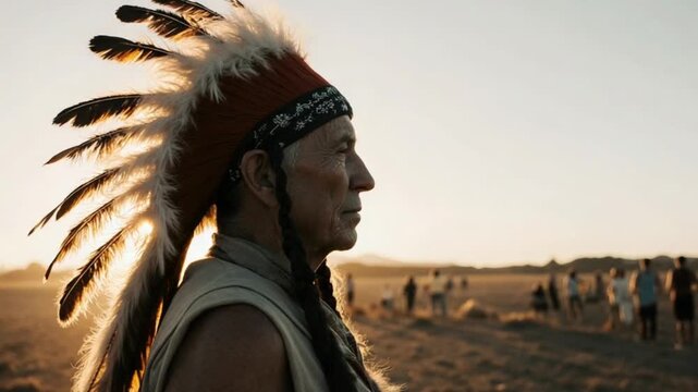 Elderly Native American man with feathered headdress at sunset outdoors
