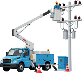 Utility bucket truck with electrician repairing power lines illustration showing electrical maintenance work energy infrastructure safety operations and utility services © Shafali