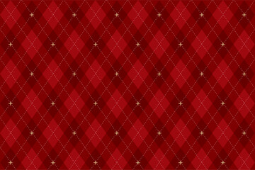 A Christmas checkerboard pattern with white lines and gold stars and squares, perfect for backgrounds, gift wrapping paper, or as a separate vector image on a red background.