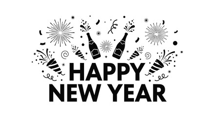 Festive new year celebration with champagne bottles fireworks and bold text in a silhouette