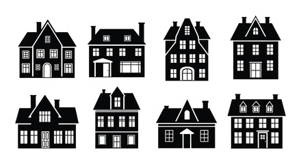 Fototapeta premium A collection of stylized black and white house silhouettes in a row