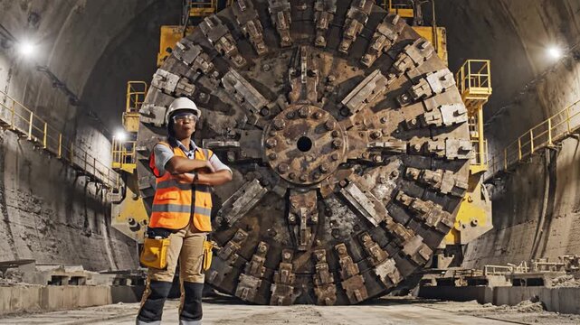 African American female engineer in safety gear stands in a tunnel in front of a giant tunnel boring machine. Ideal for construction, industrial engineering and infrastructure projects.