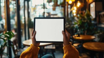 Blank Tablet Screen in Cozy Cafe.