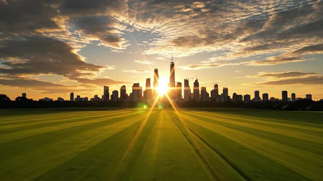 City skyline silhouette at sunset over green field with sun rays, 4k high quality video