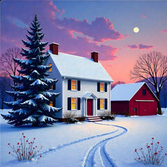 Fototapeta premium Snow-covered house and barn at dusk, painted style, with glowing windows, moonlit sky, and frosty landscape, concept of winter calm