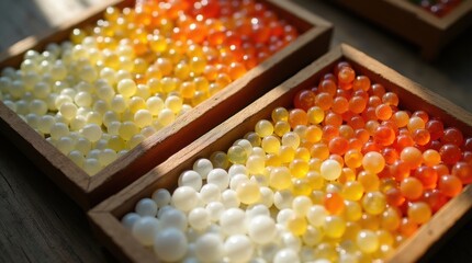 Colorful beads in wooden trays
