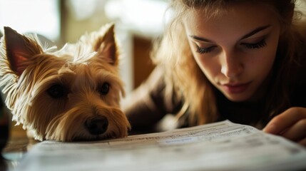 Girl Studying with Her Dog.