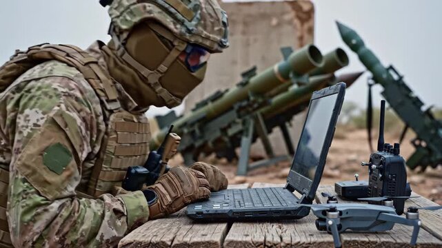 Soldier operating rugged laptop with drone and radio, antiaircraft missile launchers in background, 4k high quality video