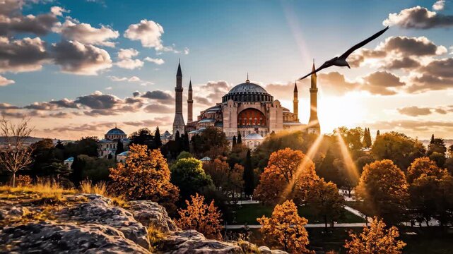 Hagia sophia in istanbul at sunset with seagulls flying overhead and autumn foliage, 4k high quality video