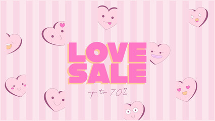 Cute Valentines Day love sale banner with smiling heart characters. Playful pink striped background for romantic promotions, holiday posters, flyers and modern marketing design.