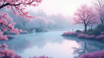 Serene cherry blossom lake