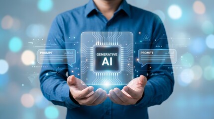 Generative AI Microchip with Prompt Bubbles in Futuristic Blue Tech Interface