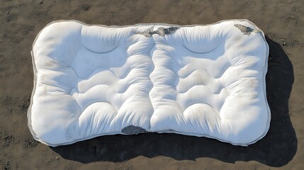 Fototapeta premium A worn and mended white mattress showing signs of use and repair lying on the ground