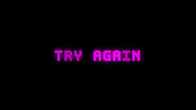 Try Again Text Animation with Purple Glow on Black Background, Retro Arcade Retry Screen