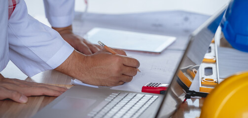 Banner of Hand and measuring tool Team work brainstorming many data analyst statistics drawing...