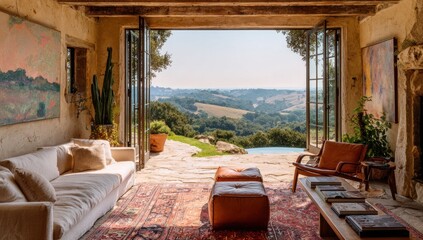Interior view framed by open doors; reveals scenic green hills, living room w/ cozy decor
