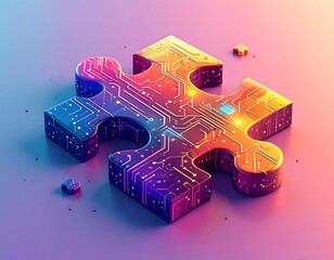 Isometric view of a colorful jigsaw puzzle piece with circuit patterns