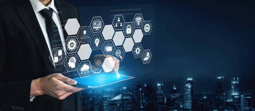 Hexagon interface combining AI, data, analytics, and cybersecurity. AI connects systems, data drives analytics, data supports decisions, and AI enables smart business infrastructure. Vouch - Powered by Adobe