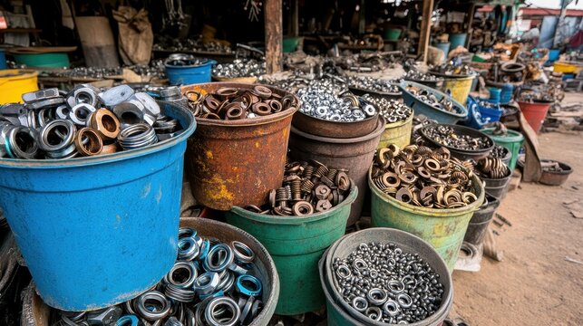 Assorted Metal Washers and Bolts Stored in Various Buckets - Powered by Adobe