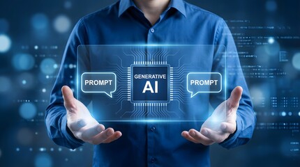 Generative AI Microchip with Prompt Bubbles in Futuristic Blue Tech Interface