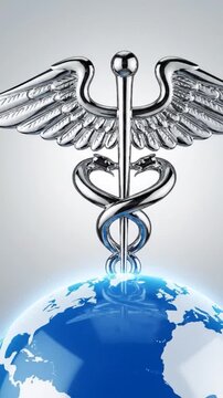 Shiny chrome caduceus symbol with wings, snakes, and globe on gradient background