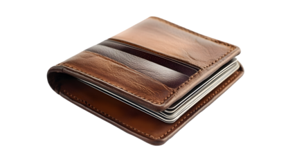 Close up of a rich brown leather bi fold wallet stuffed with credit cards on transparent background
