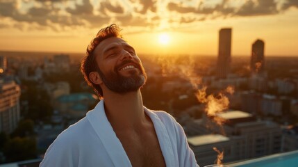 A man in a white robe is smiling and enjoying the sunset