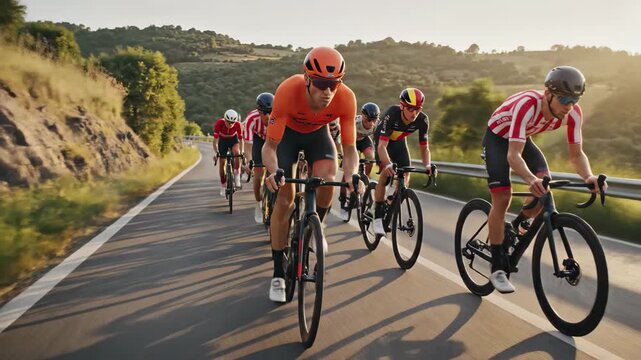 Professional cyclists riding road bikes in a peloton on a winding mountain road during sunset or sunrise, 4k high quality video