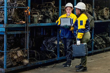 Fototapeta premium Two female engineers in safety gear inspecting car parts inventory. workers technical walking old dirty car industry checking used auto parts by tablet industrial automotive parts warehouse Recycling