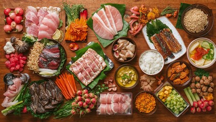Asian Style Raw Meat Spread with Sliced Pork, Beef, Rice, and Assorted Vegetable Side Dishes