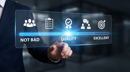 Businessman Evaluating Quality Metrics on Digital Interface for Performance Review