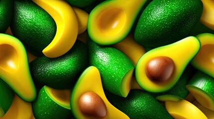 Fresh avocado halves with vibrant green and yellow hues close up