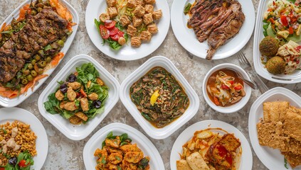 Overhead View of Multiple White Plates Featuring a Variety of Gourmet Meat, Salad, and Pasta Dishes