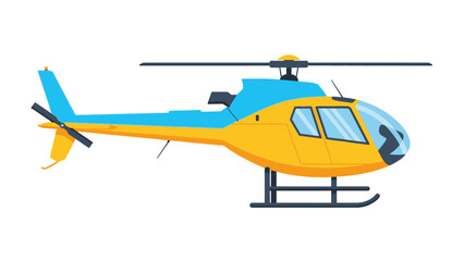 Obraz premium Modern yellow and blue helicopter isolated on a white background, side view of a small private chopper.