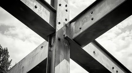 Interlocking steel beams form a complex structural skeleton against a bright sky